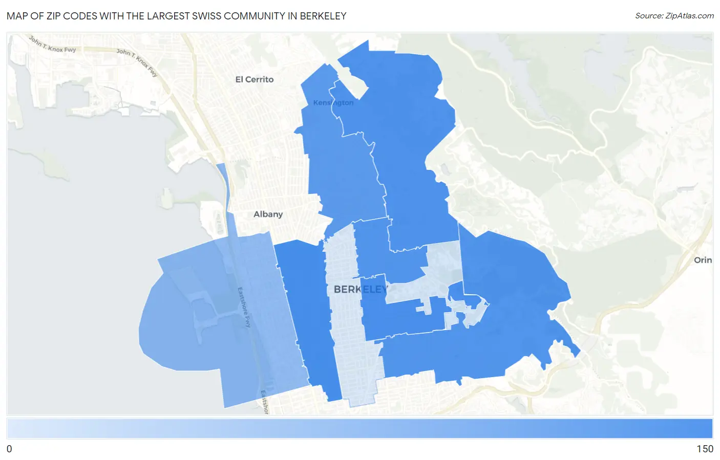 Zip Codes with the Largest Swiss Community in Berkeley Map