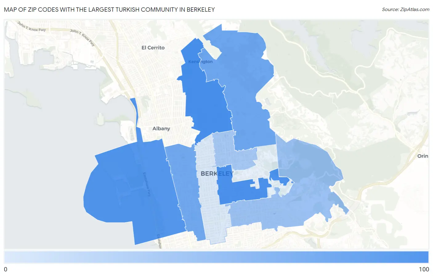 Zip Codes with the Largest Turkish Community in Berkeley Map