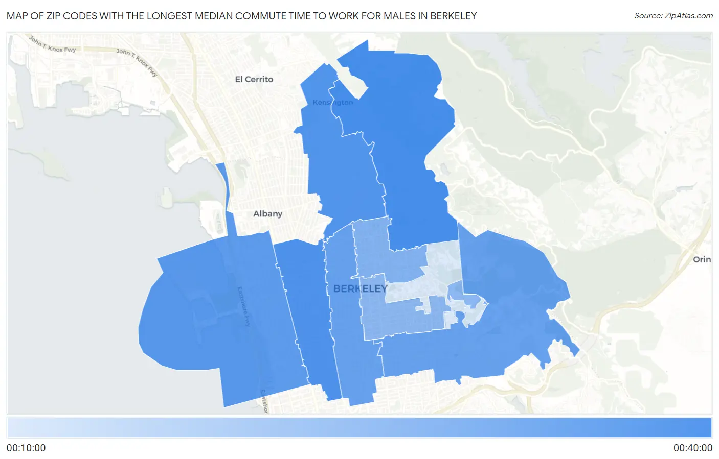 Zip Codes with the Longest Median Commute Time to Work for Males in Berkeley Map