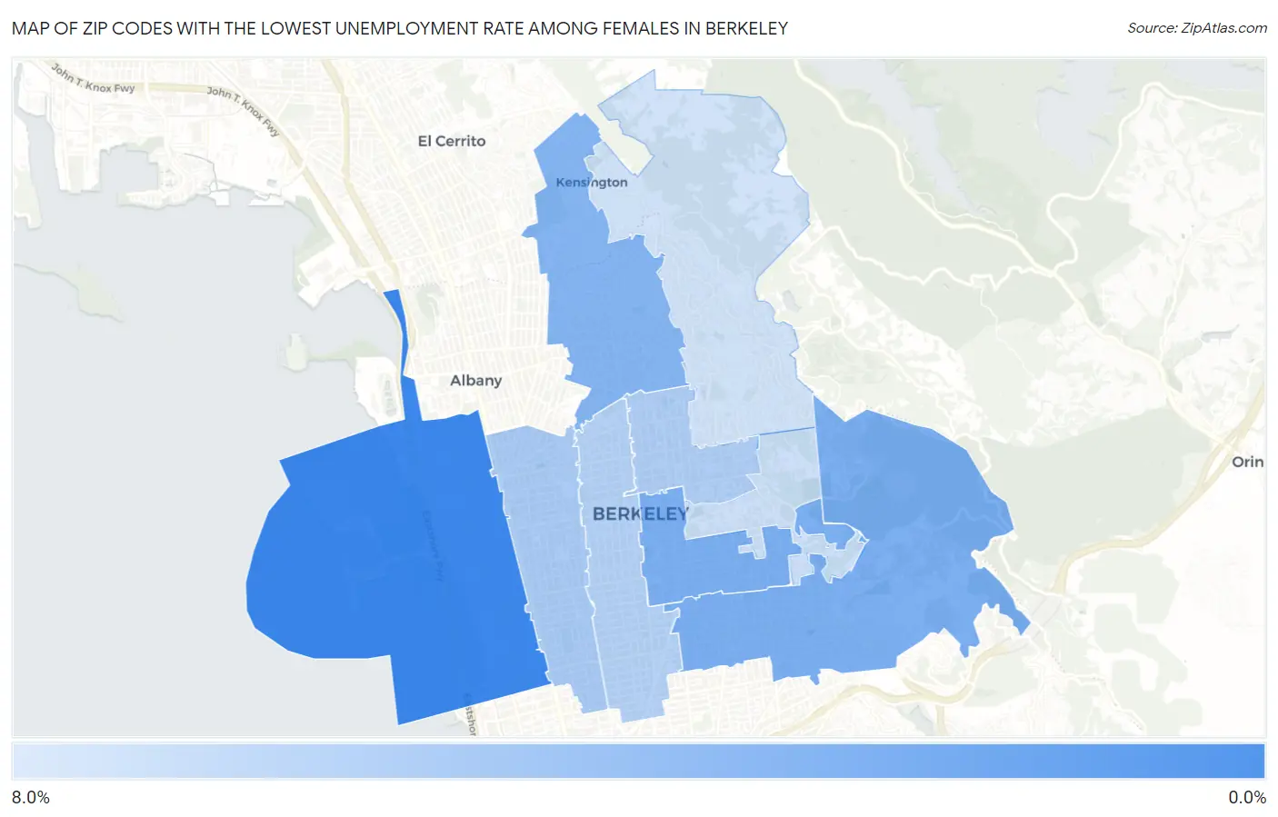 Zip Codes with the Lowest Unemployment Rate Among Females in Berkeley Map