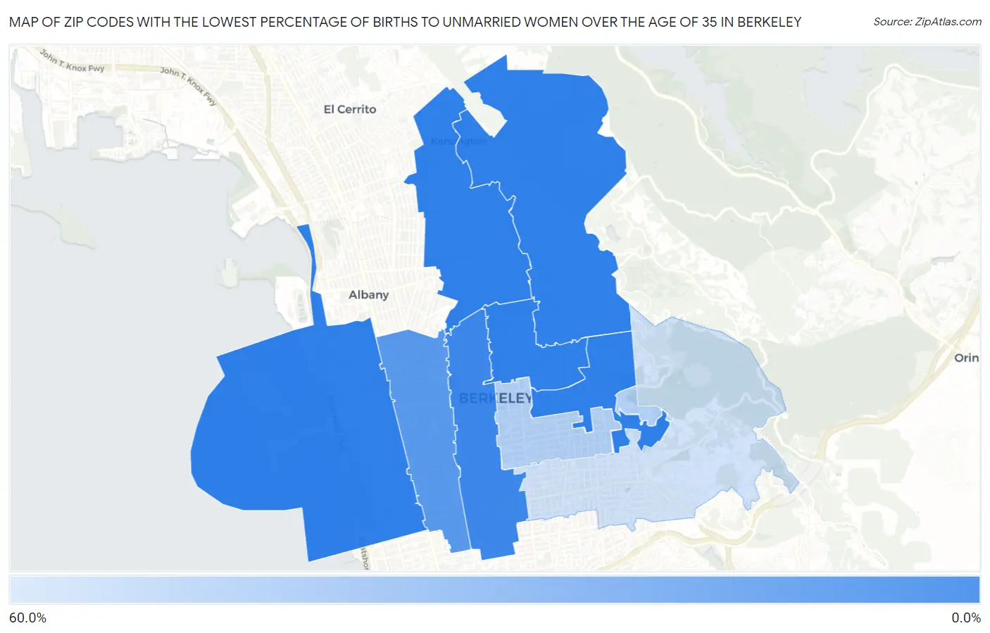 Zip Codes with the Lowest Percentage of Births to Unmarried Women over the Age of 35 in Berkeley Map