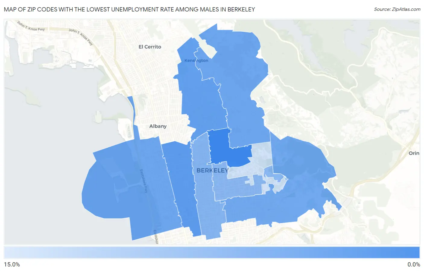 Zip Codes with the Lowest Unemployment Rate Among Males in Berkeley Map