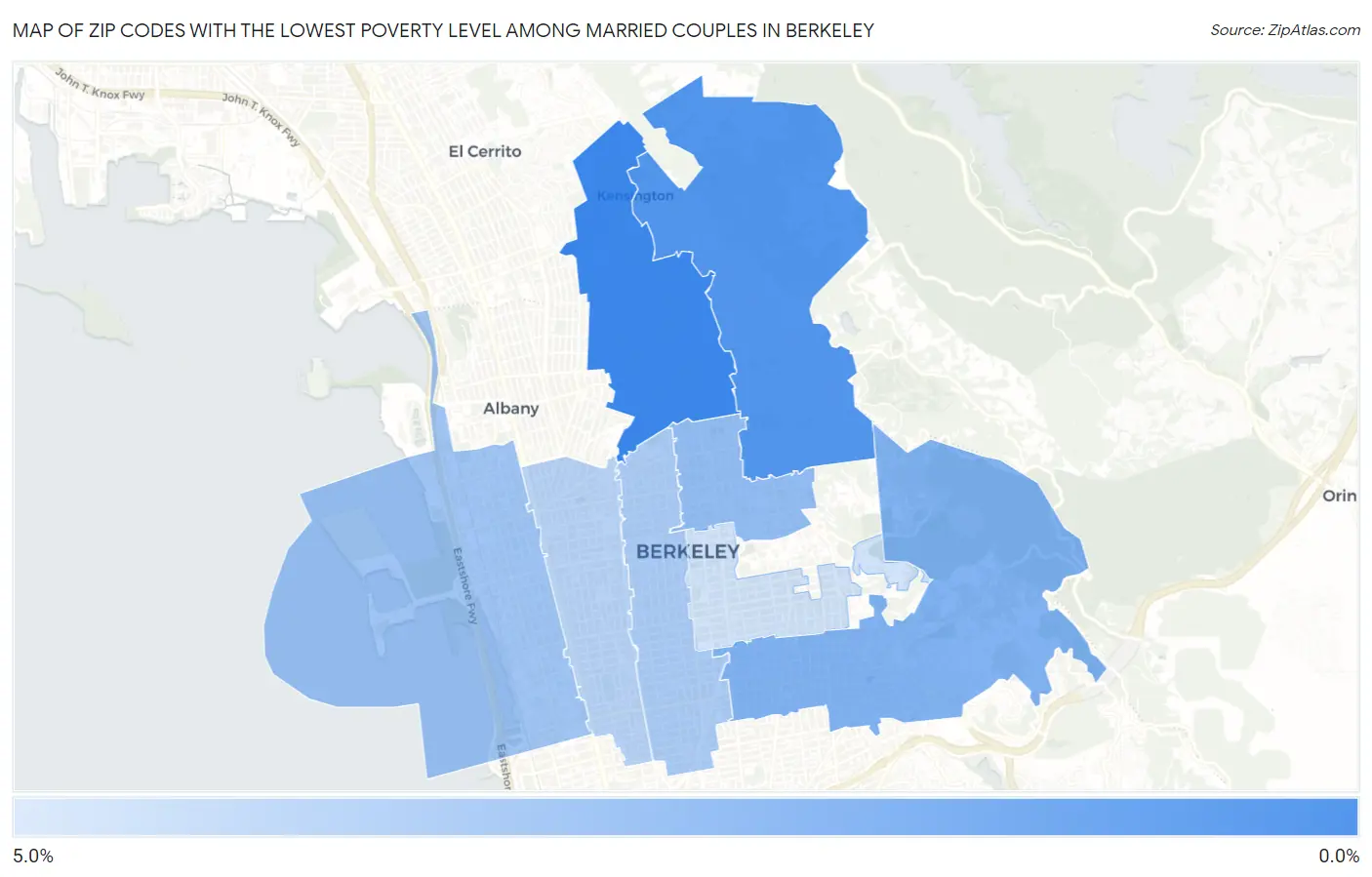 Zip Codes with the Lowest Poverty Level Among Married Couples in Berkeley Map