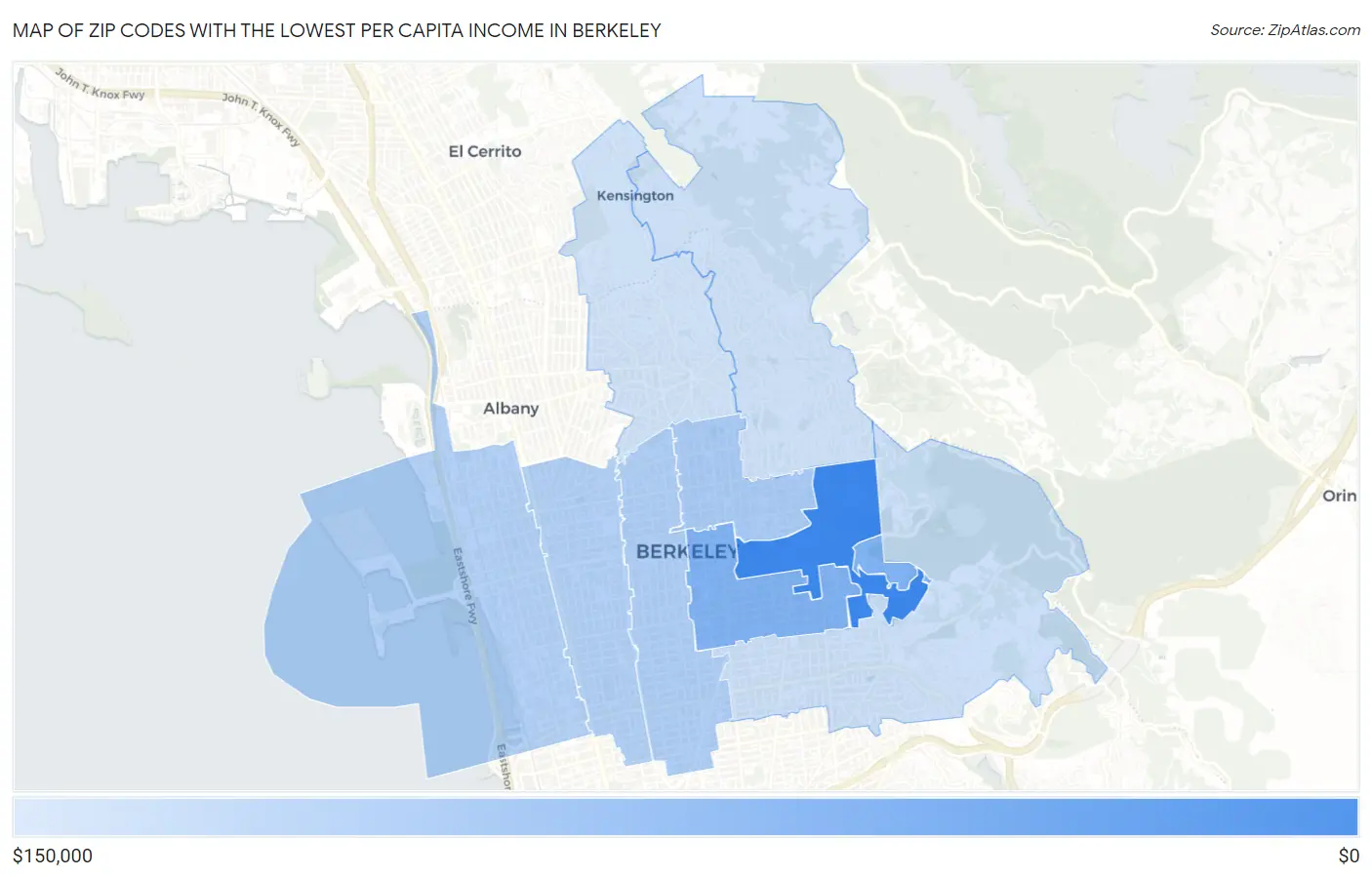Zip Codes with the Lowest Per Capita Income in Berkeley Map