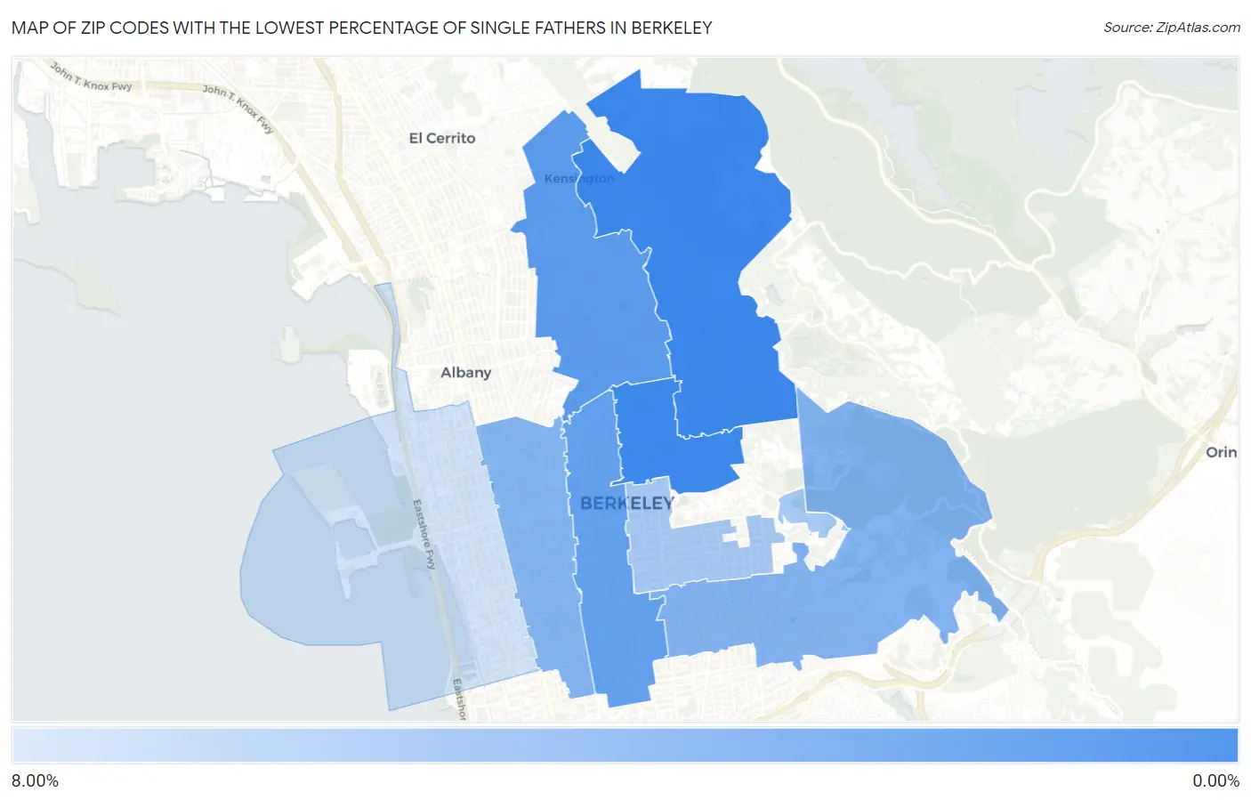 Zip Codes with the Lowest Percentage of Single Fathers in Berkeley Map