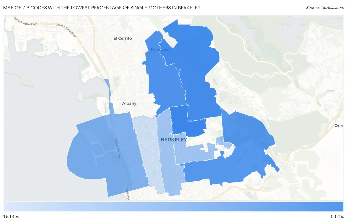 Zip Codes with the Lowest Percentage of Single Mothers in Berkeley Map