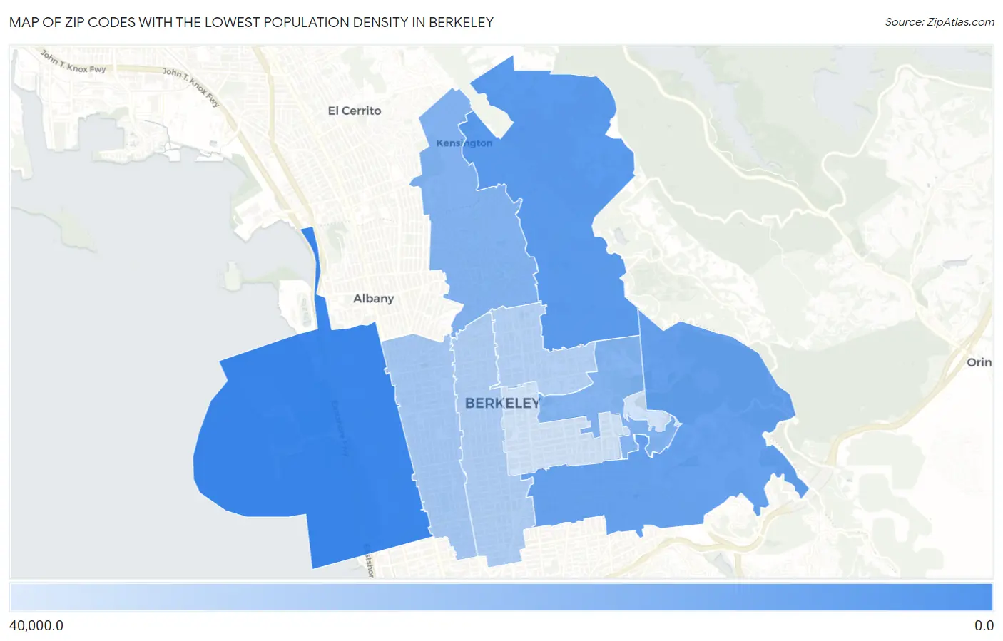 Zip Codes with the Lowest Population Density in Berkeley Map