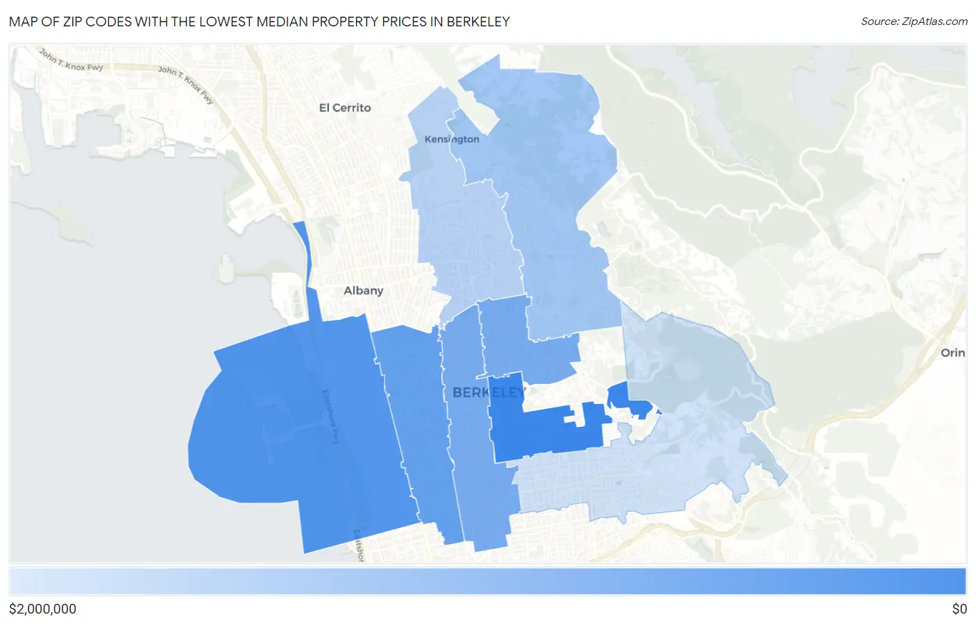 Zip Codes with the Lowest Median Property Prices in Berkeley Map