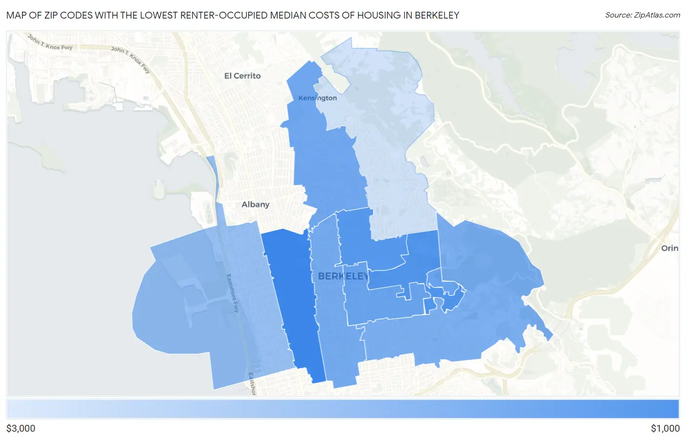 Zip Codes with the Lowest Renter-Occupied Median Costs of Housing in Berkeley Map