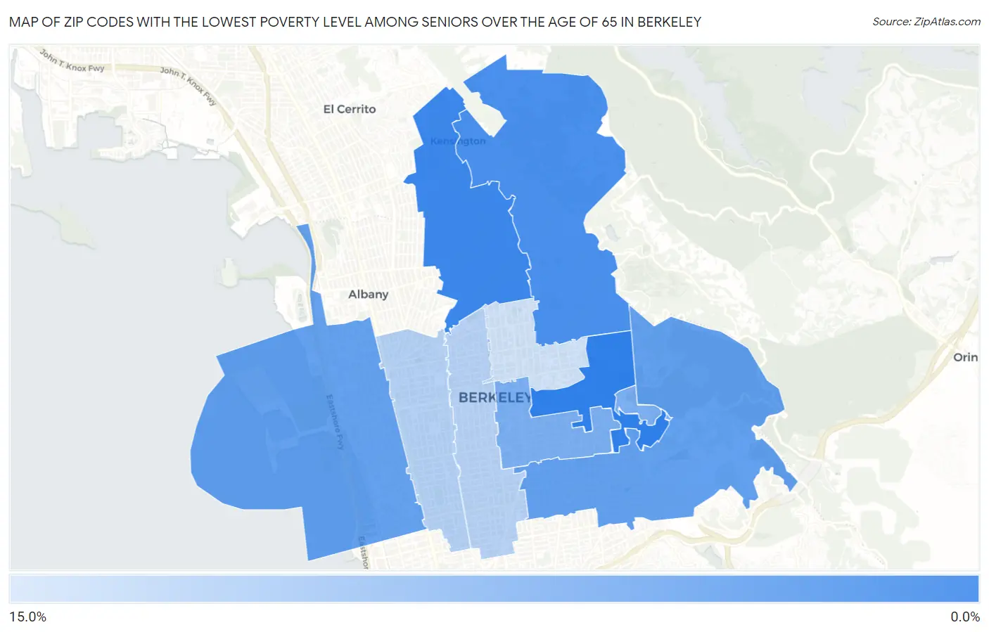 Zip Codes with the Lowest Poverty Level Among Seniors Over the Age of 65 in Berkeley Map