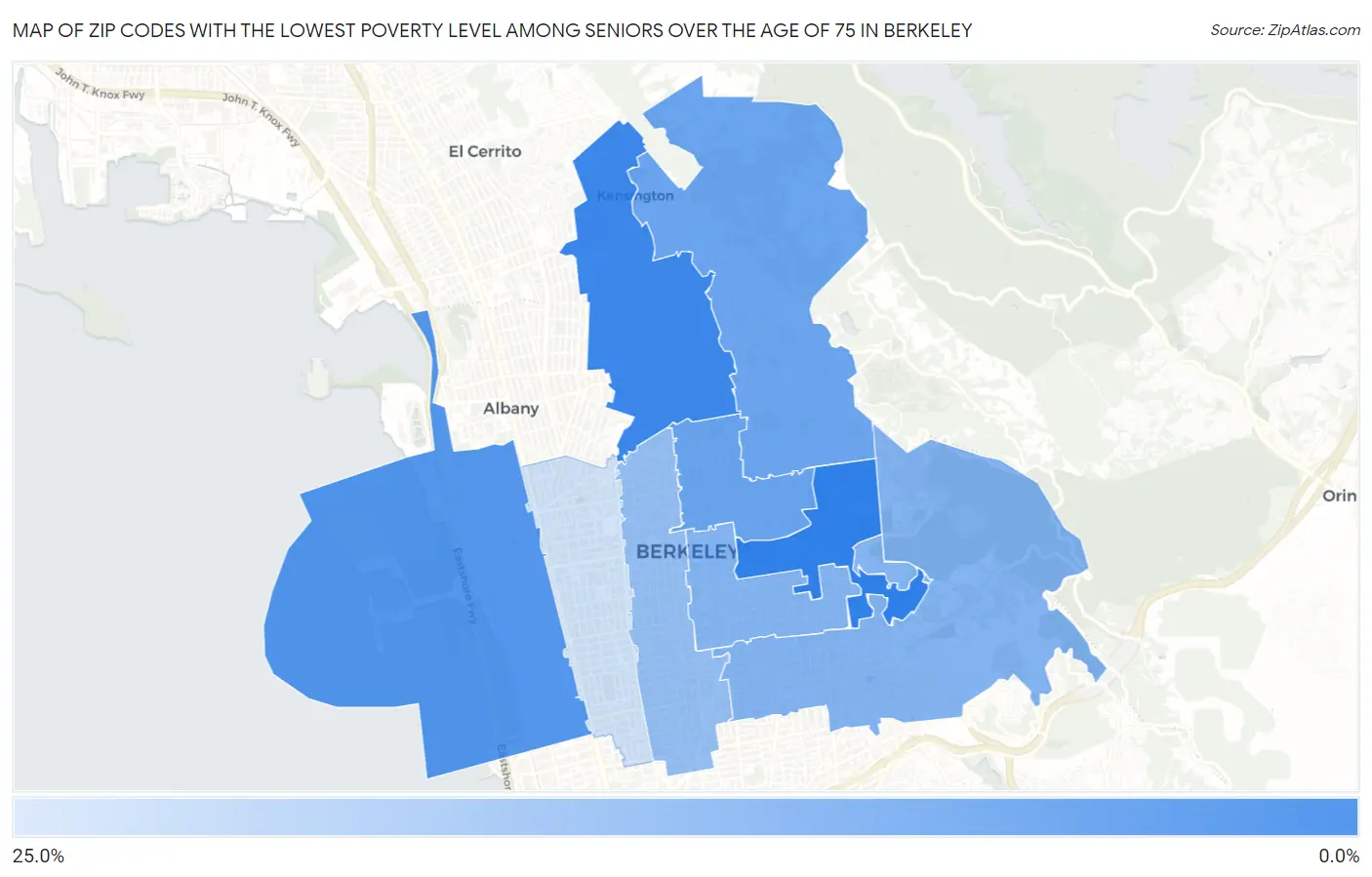 Zip Codes with the Lowest Poverty Level Among Seniors Over the Age of 75 in Berkeley Map