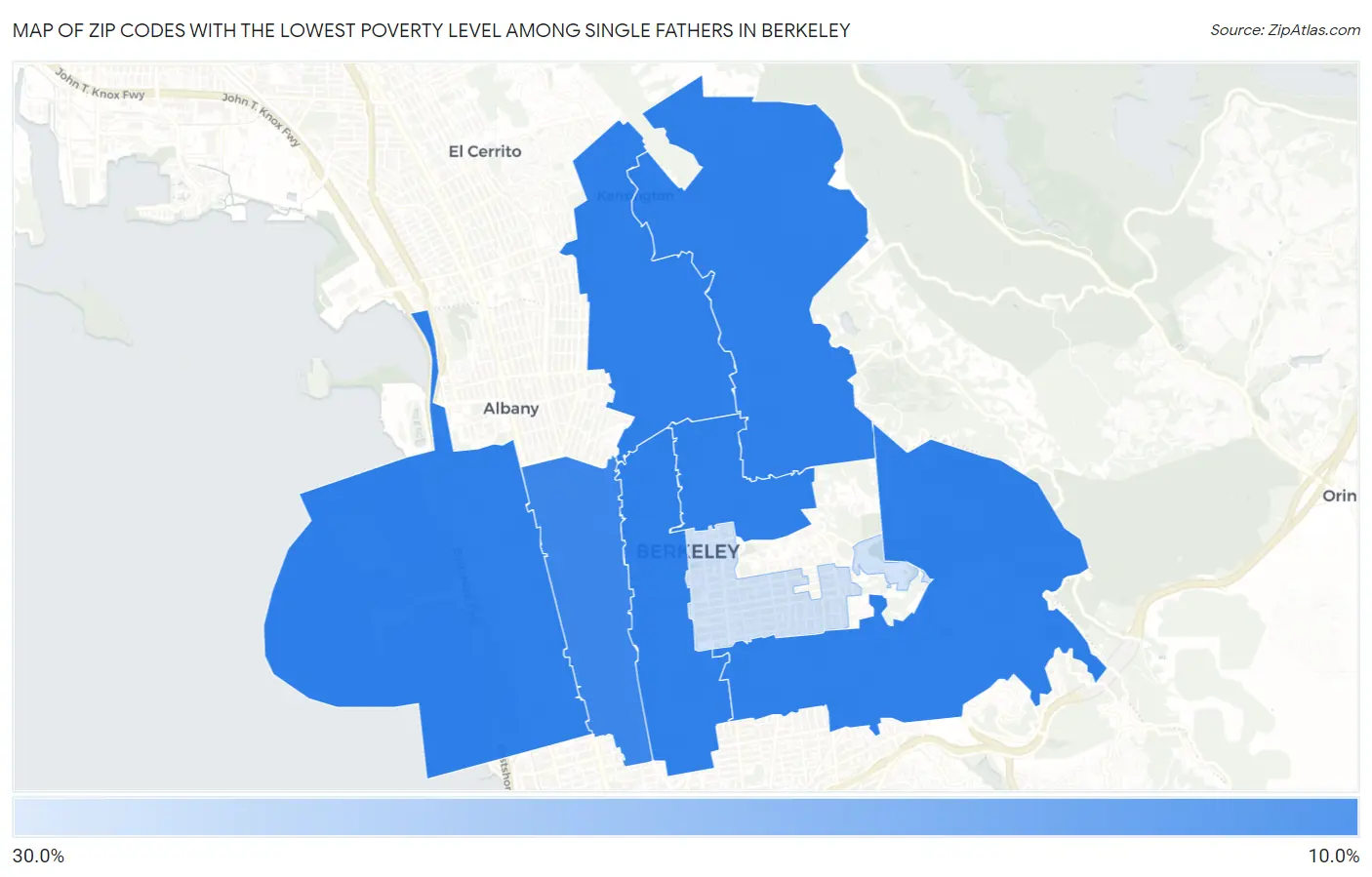 Zip Codes with the Lowest Poverty Level Among Single Fathers in Berkeley Map