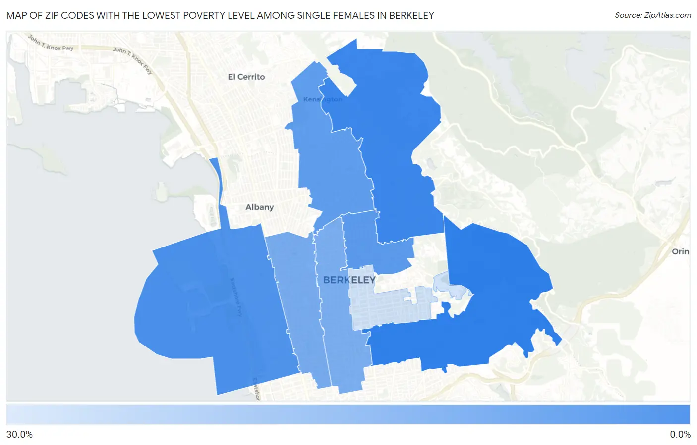 Zip Codes with the Lowest Poverty Level Among Single Females in Berkeley Map