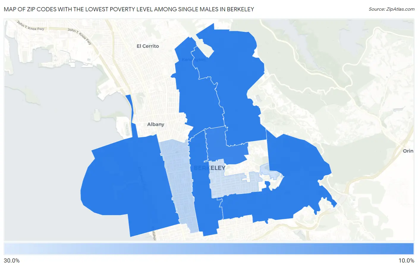 Zip Codes with the Lowest Poverty Level Among Single Males in Berkeley Map