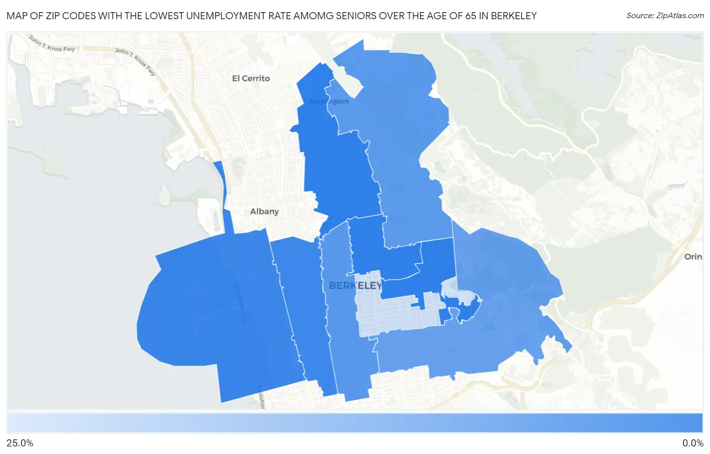 Zip Codes with the Lowest Unemployment Rate Amomg Seniors Over the Age of 65 in Berkeley Map