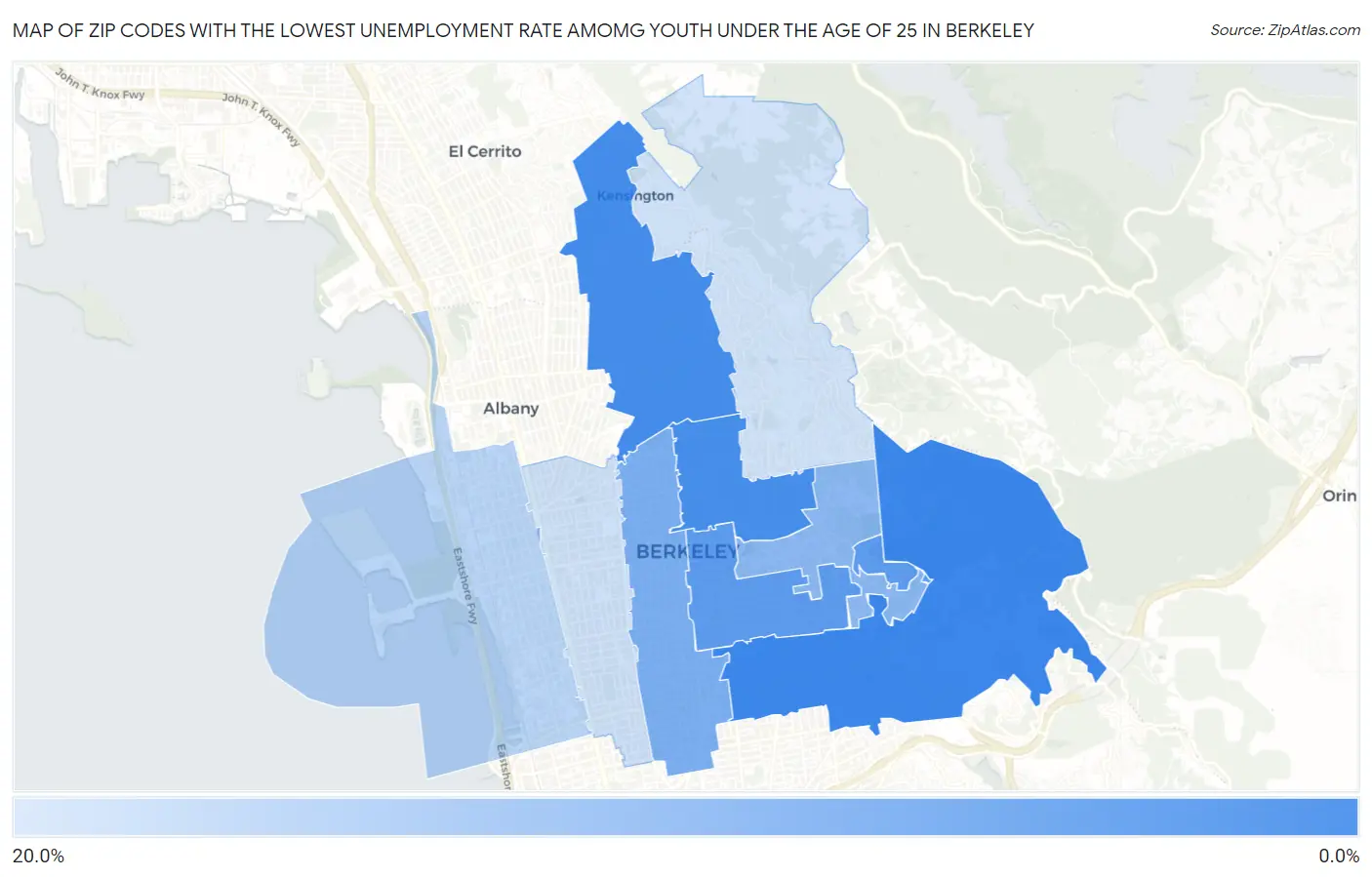 Zip Codes with the Lowest Unemployment Rate Amomg Youth Under the Age of 25 in Berkeley Map