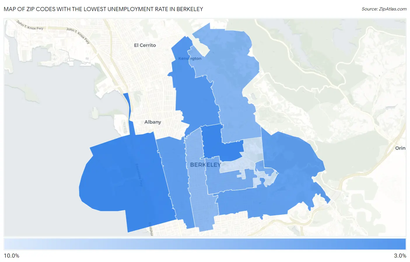 Zip Codes with the Lowest Unemployment Rate in Berkeley Map