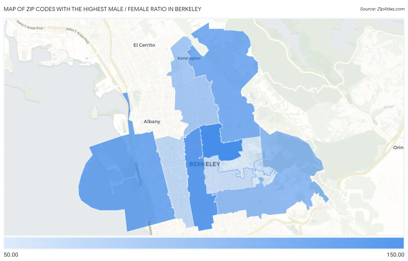 Zip Codes with the Highest Male / Female Ratio in Berkeley Map