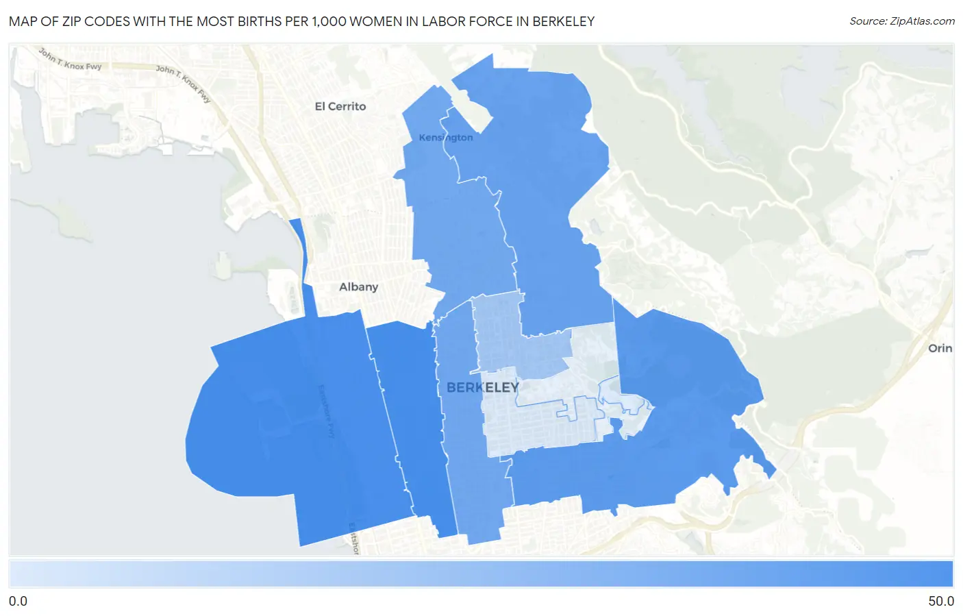 Zip Codes with the Most Births per 1,000 Women in Labor Force in Berkeley Map