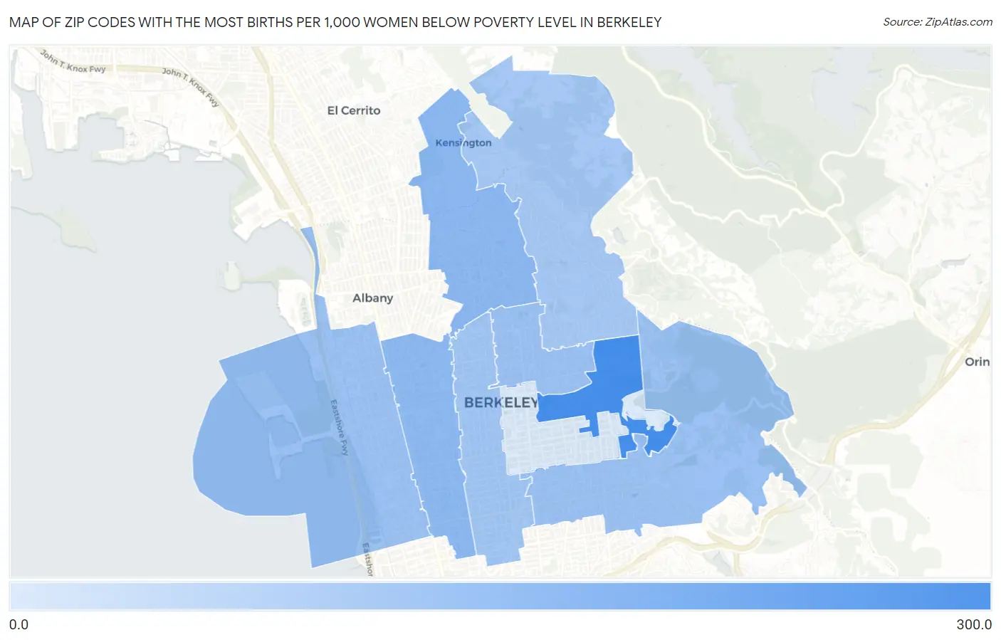 Zip Codes with the Most Births per 1,000 Women Below Poverty Level in Berkeley Map