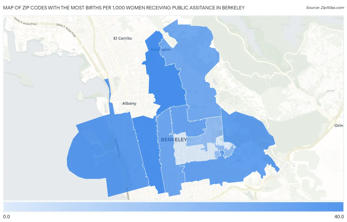 Zip Codes with the Most Births per 1,000 Women Receiving Public Assitance in Berkeley Map