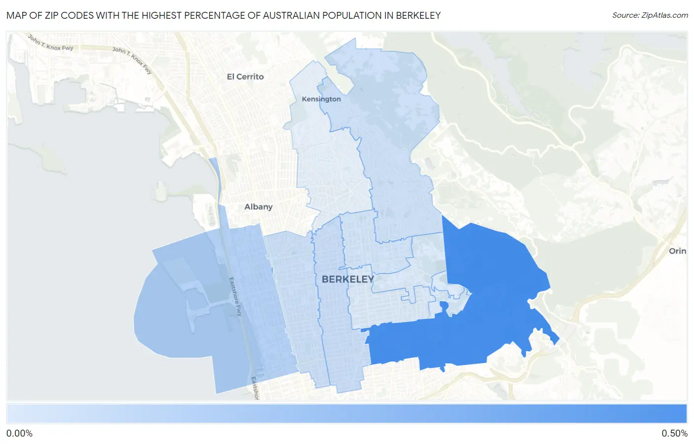 Zip Codes with the Highest Percentage of Australian Population in Berkeley Map