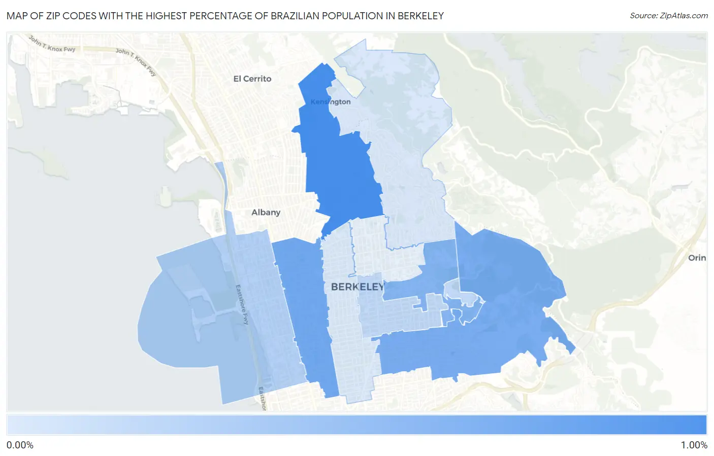 Zip Codes with the Highest Percentage of Brazilian Population in Berkeley Map