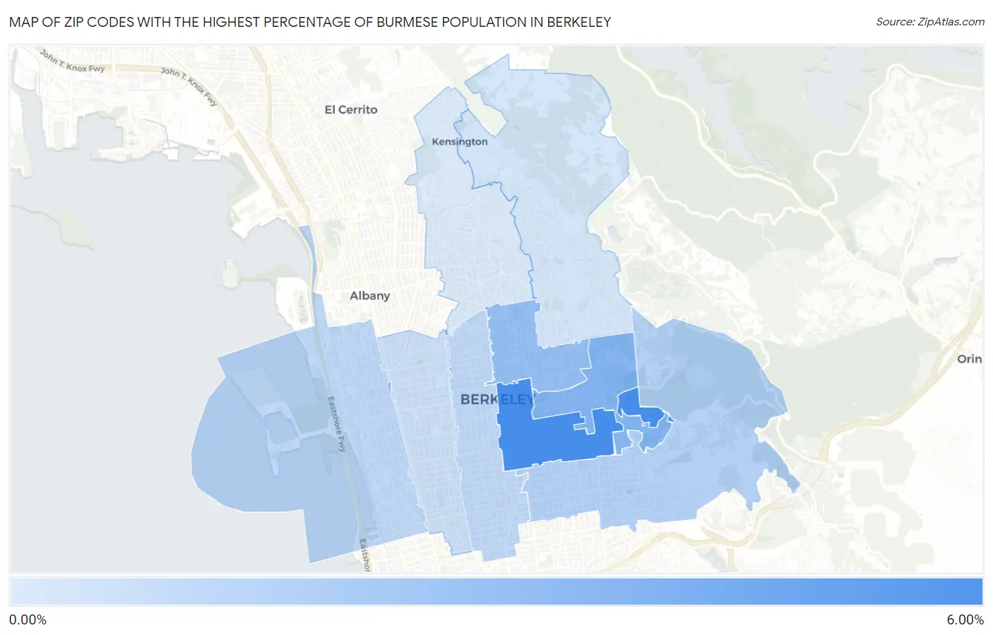 Zip Codes with the Highest Percentage of Burmese Population in Berkeley Map