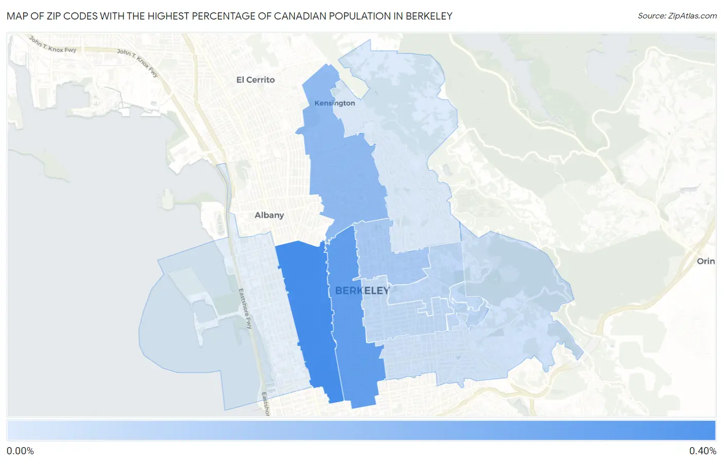 Zip Codes with the Highest Percentage of Canadian Population in Berkeley Map