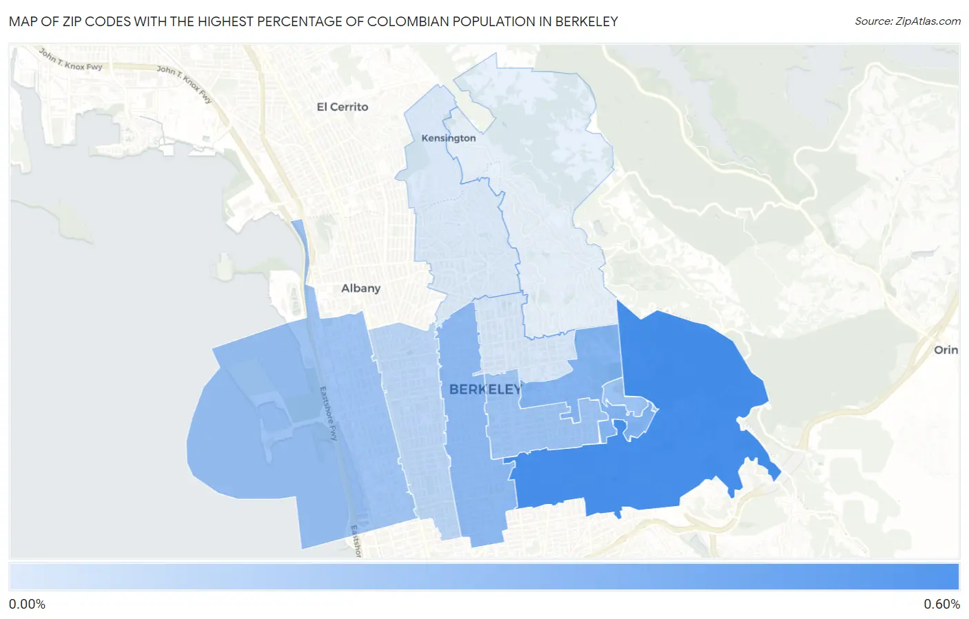 Zip Codes with the Highest Percentage of Colombian Population in Berkeley Map