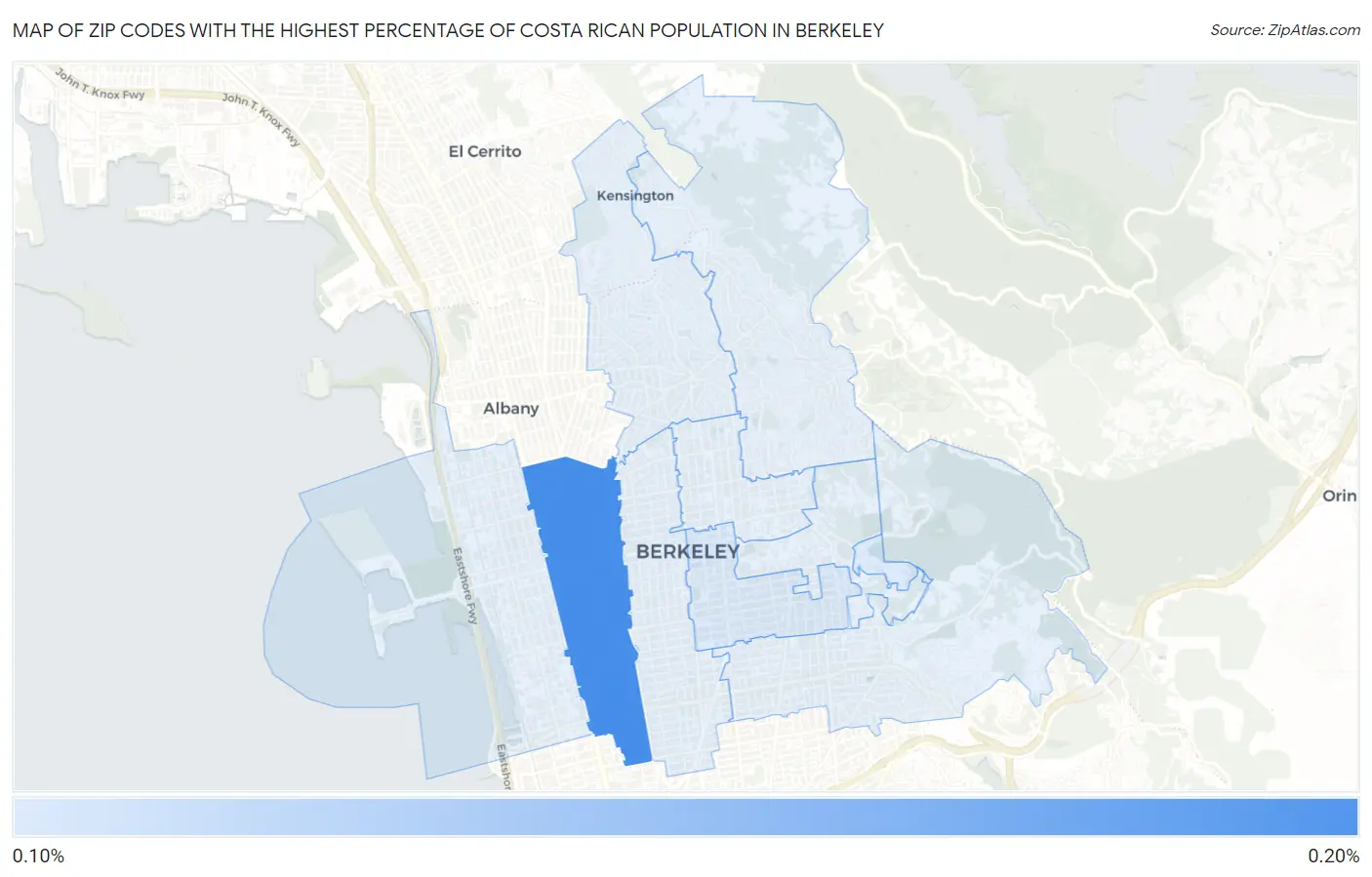 Zip Codes with the Highest Percentage of Costa Rican Population in Berkeley Map