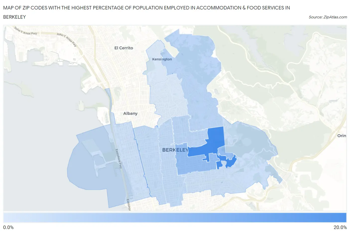 Zip Codes with the Highest Percentage of Population Employed in Accommodation & Food Services in Berkeley Map