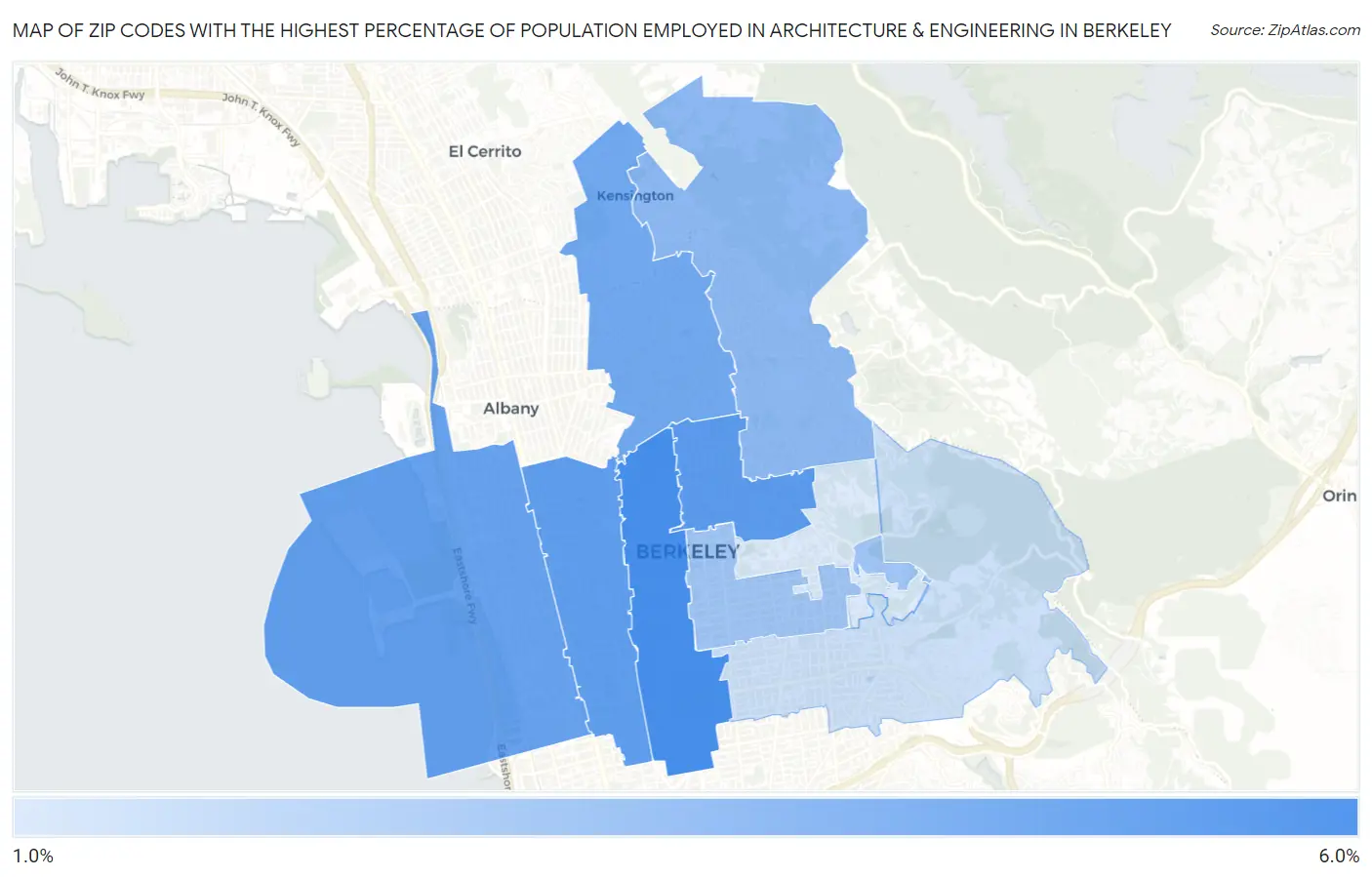 Zip Codes with the Highest Percentage of Population Employed in Architecture & Engineering in Berkeley Map