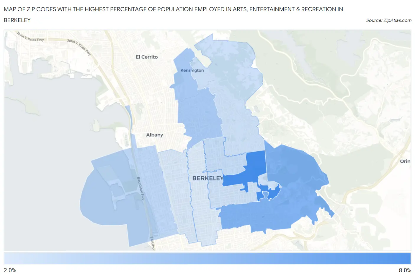 Zip Codes with the Highest Percentage of Population Employed in Arts, Entertainment & Recreation in Berkeley Map
