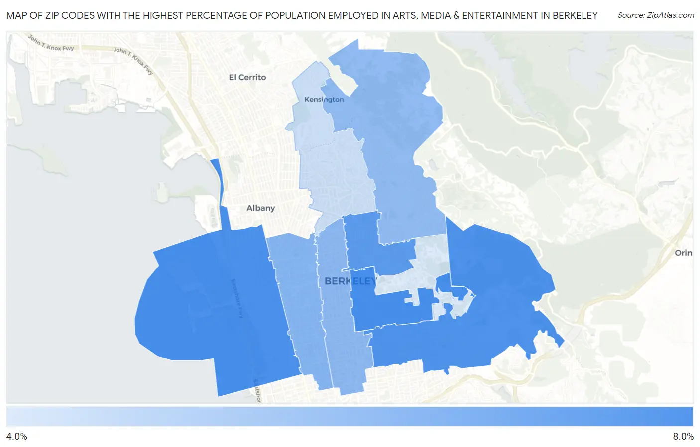 Zip Codes with the Highest Percentage of Population Employed in Arts, Media & Entertainment in Berkeley Map