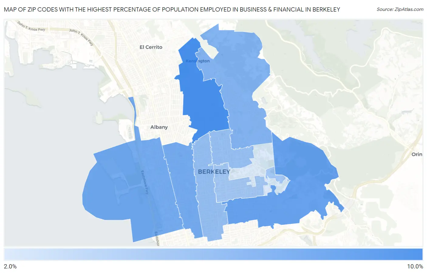 Zip Codes with the Highest Percentage of Population Employed in Business & Financial in Berkeley Map