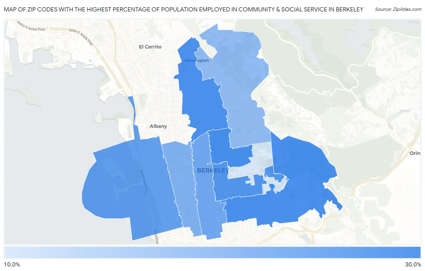 Zip Codes with the Highest Percentage of Population Employed in Community & Social Service  in Berkeley Map