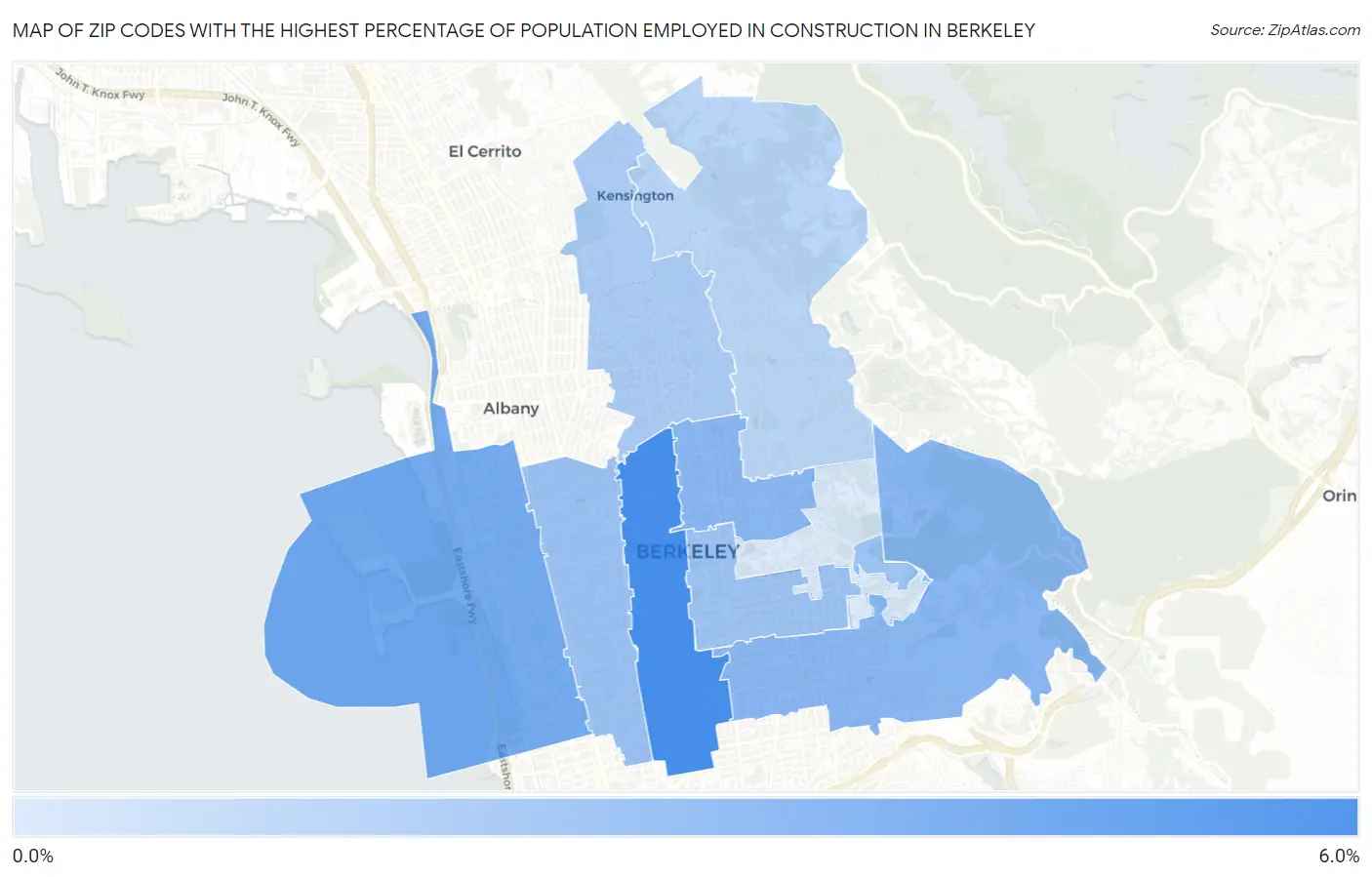 Zip Codes with the Highest Percentage of Population Employed in Construction in Berkeley Map