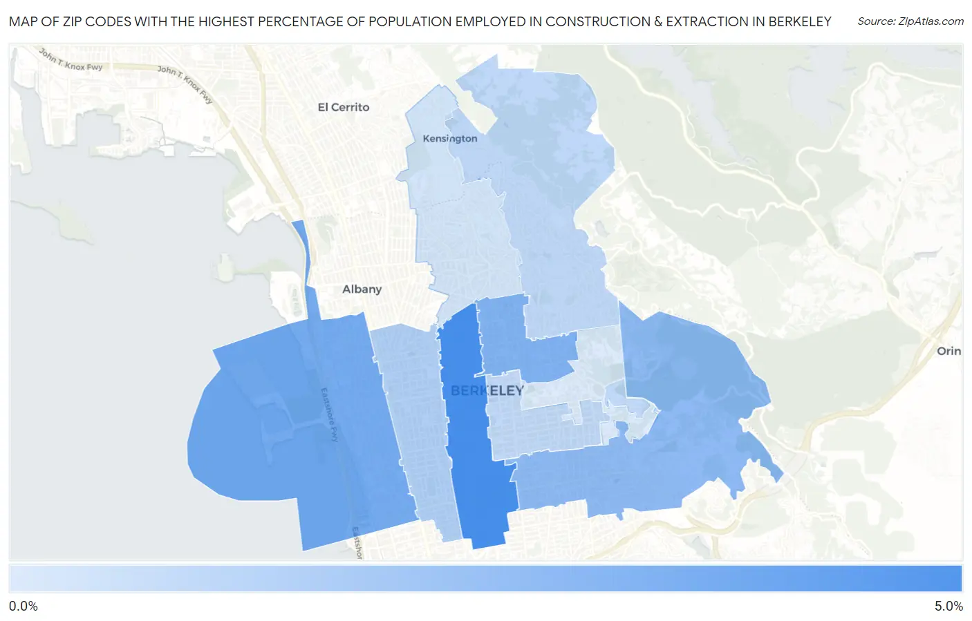 Zip Codes with the Highest Percentage of Population Employed in Construction & Extraction in Berkeley Map