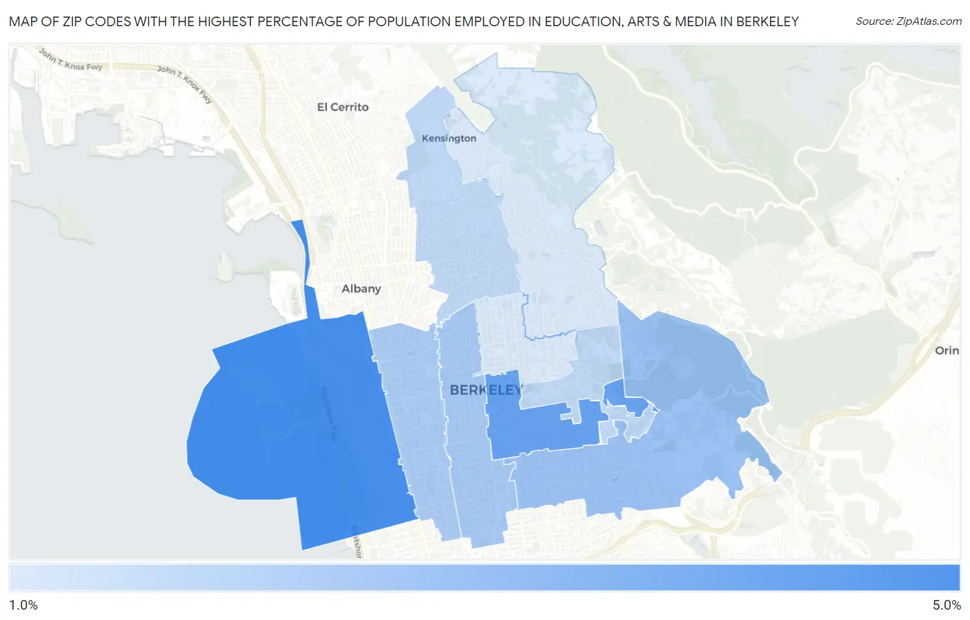 Zip Codes with the Highest Percentage of Population Employed in Education, Arts & Media in Berkeley Map