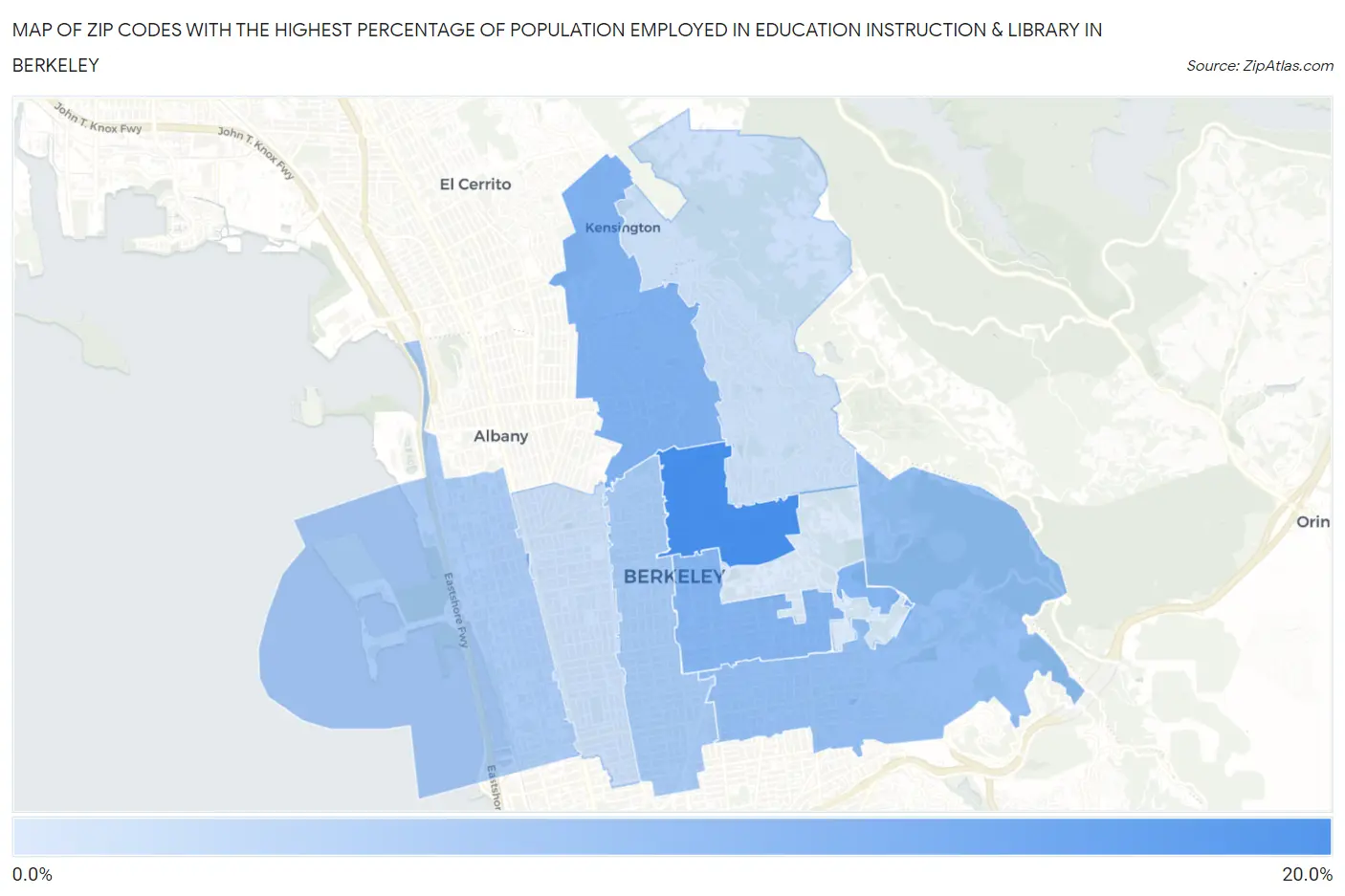 Zip Codes with the Highest Percentage of Population Employed in Education Instruction & Library in Berkeley Map