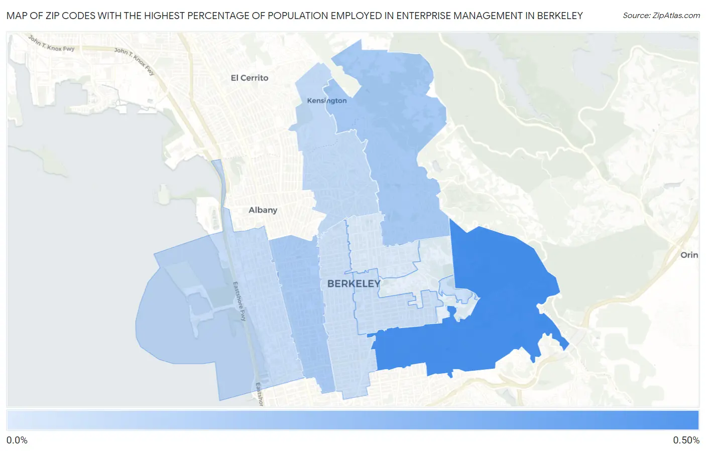 Zip Codes with the Highest Percentage of Population Employed in Enterprise Management in Berkeley Map