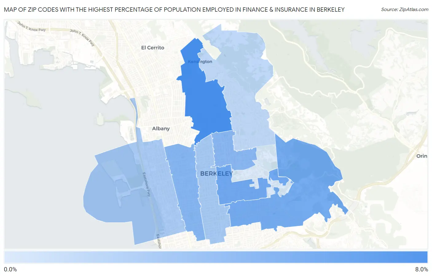 Zip Codes with the Highest Percentage of Population Employed in Finance & Insurance in Berkeley Map