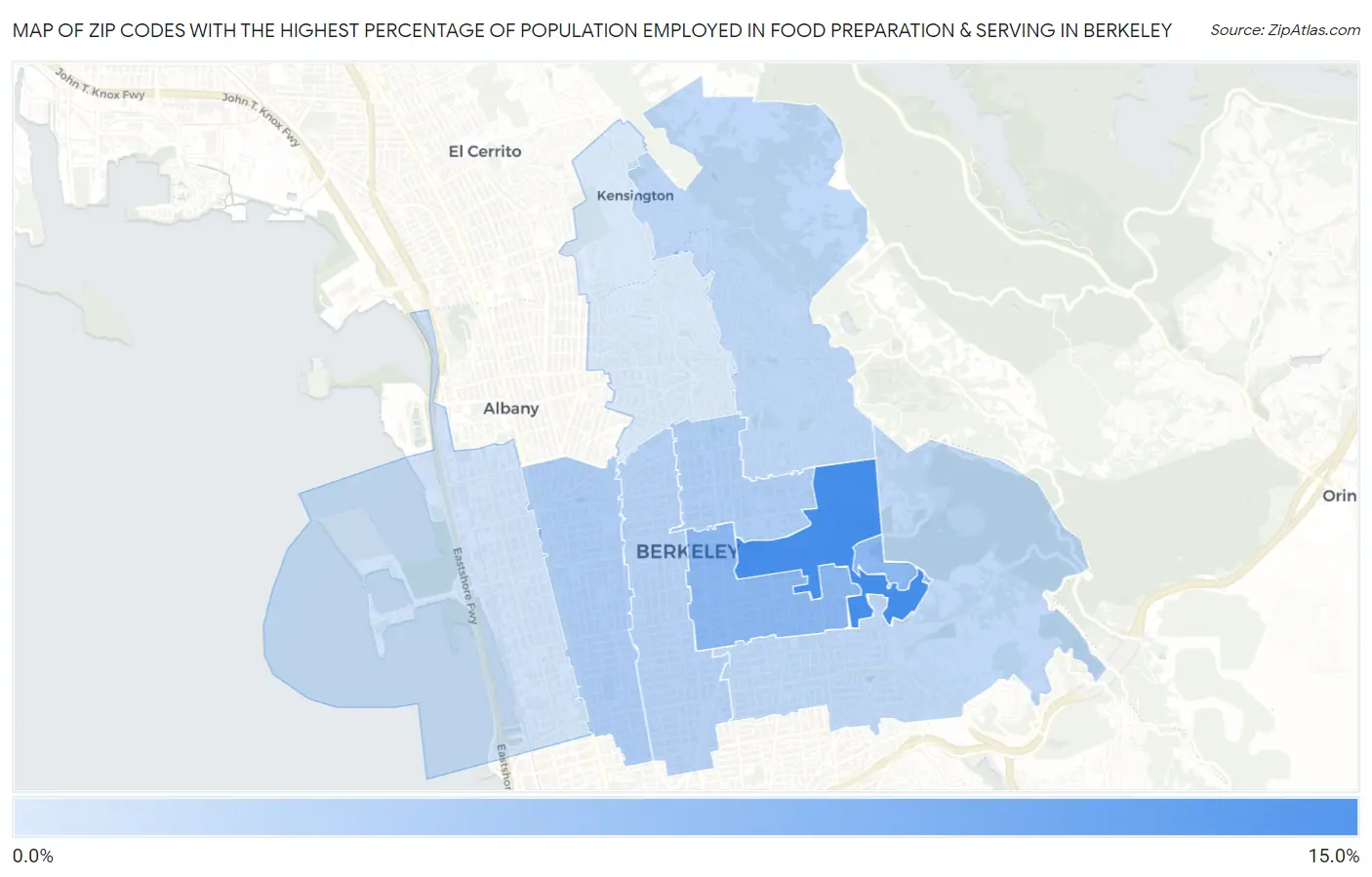 Zip Codes with the Highest Percentage of Population Employed in Food Preparation & Serving in Berkeley Map