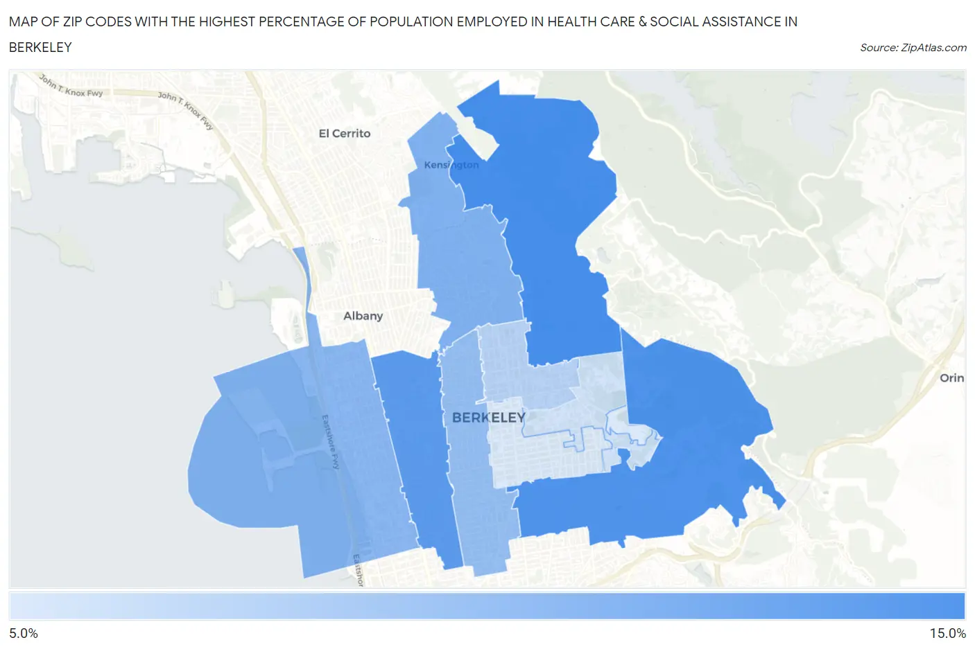 Zip Codes with the Highest Percentage of Population Employed in Health Care & Social Assistance in Berkeley Map