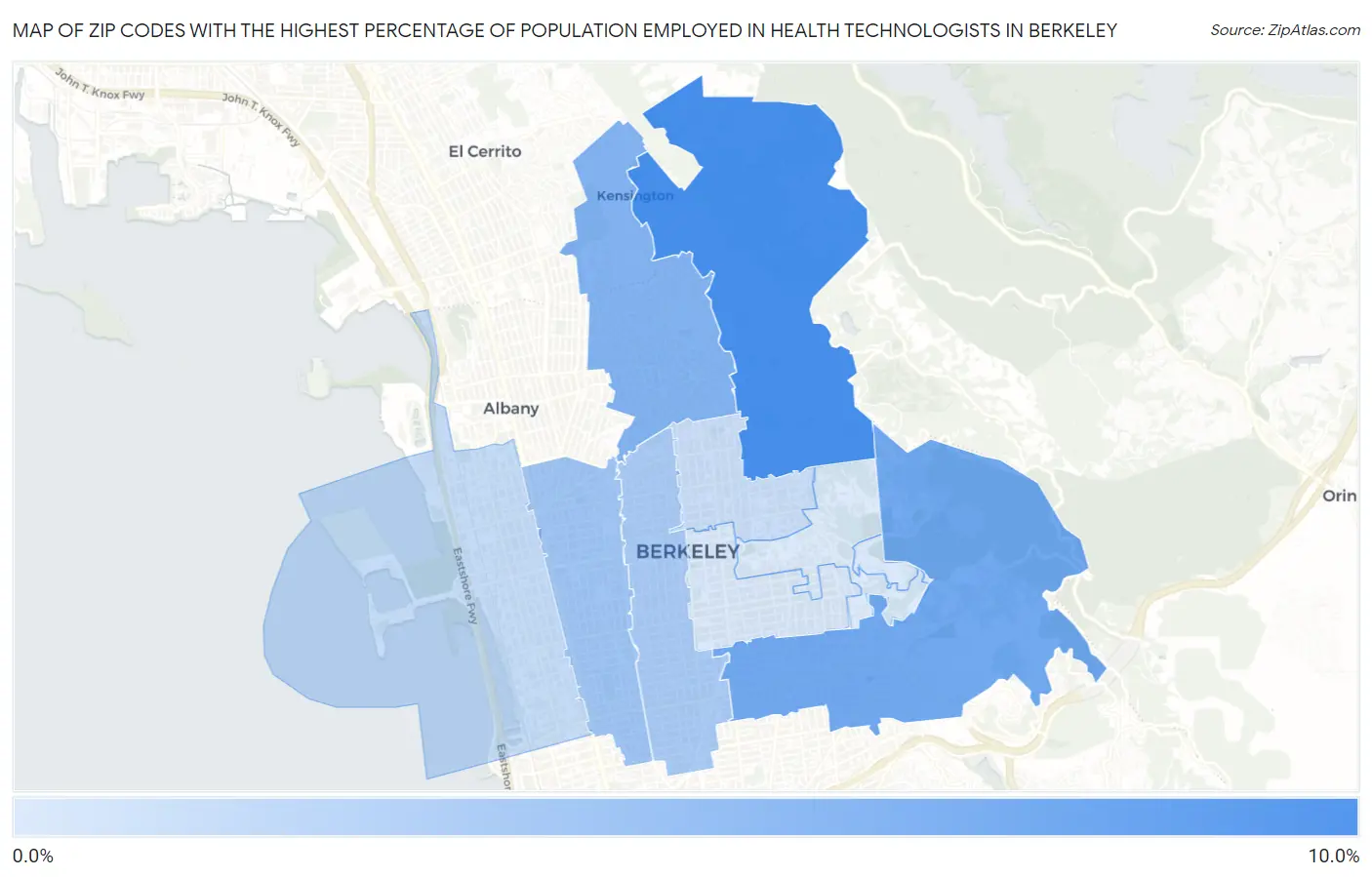 Zip Codes with the Highest Percentage of Population Employed in Health Technologists in Berkeley Map