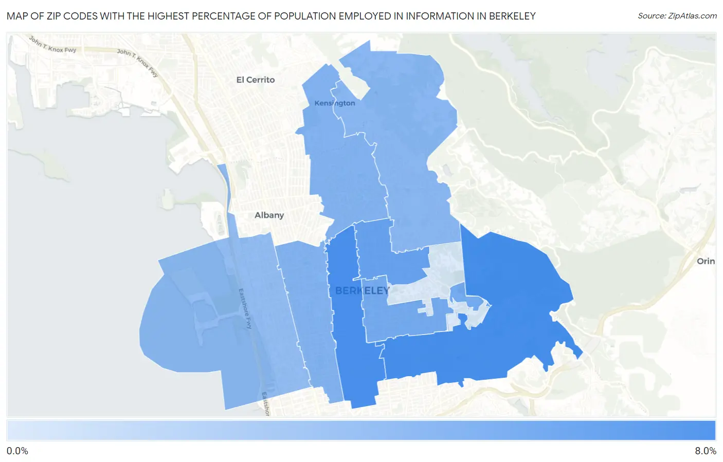 Zip Codes with the Highest Percentage of Population Employed in Information in Berkeley Map