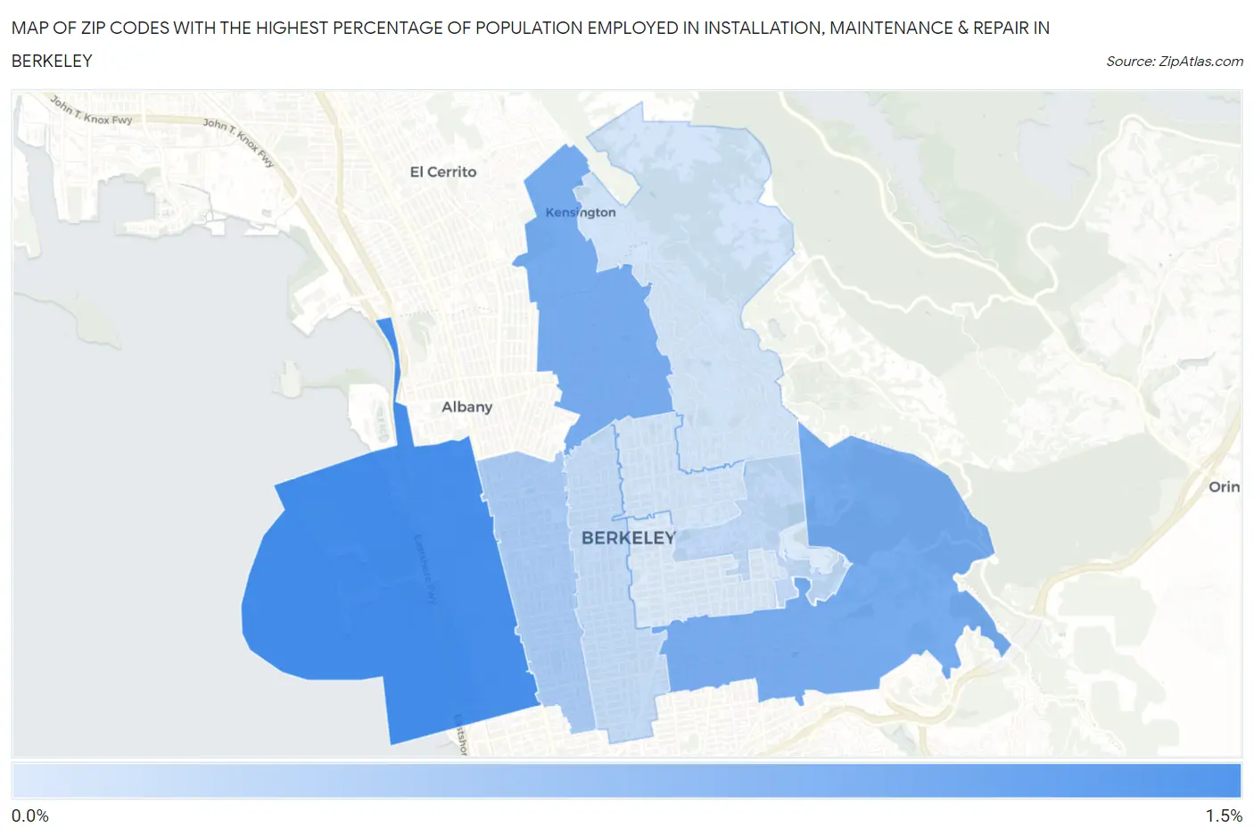 Zip Codes with the Highest Percentage of Population Employed in Installation, Maintenance & Repair in Berkeley Map