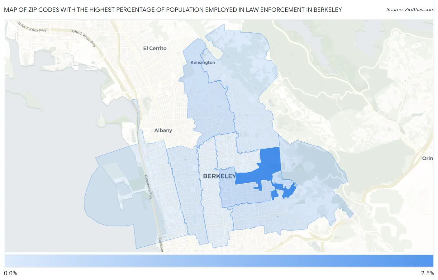 Zip Codes with the Highest Percentage of Population Employed in Law Enforcement in Berkeley Map