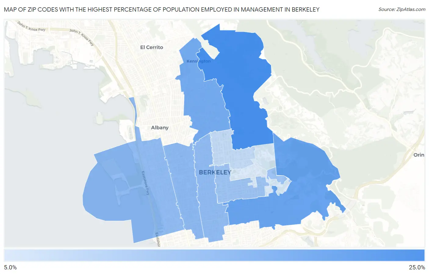 Zip Codes with the Highest Percentage of Population Employed in Management in Berkeley Map